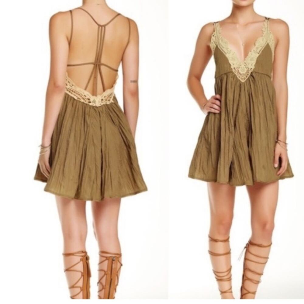 Free People size large breathless crochet trim brown mini dress Beige Lace west